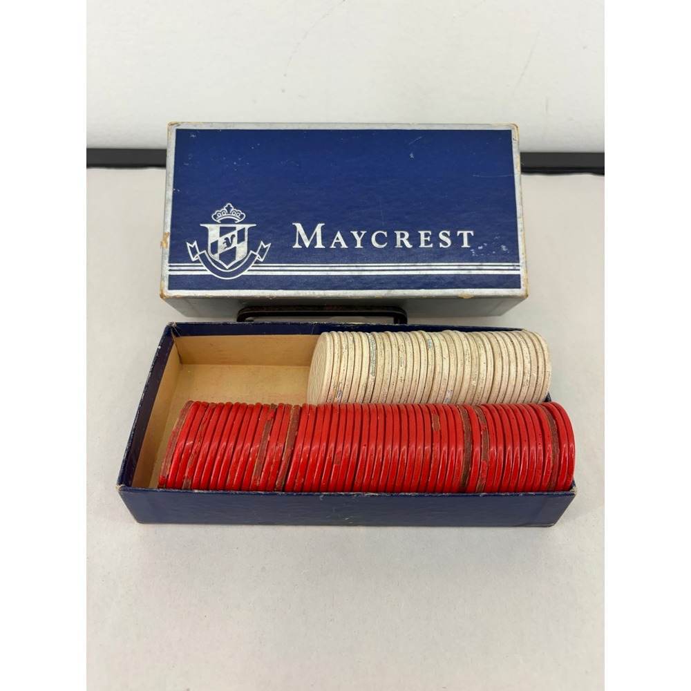 Vintage 50s Maycrest Superior Clay Poker Chip Partial Box Interlocking Red White